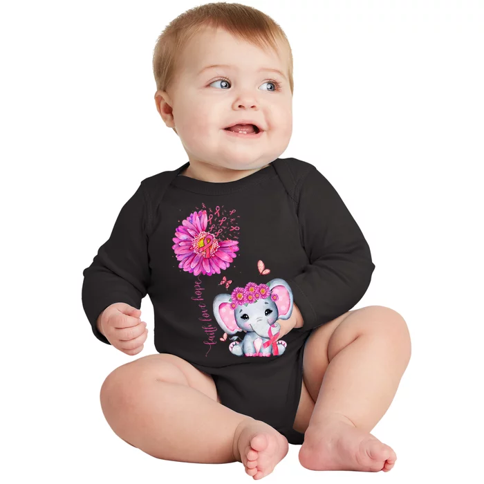 Breast Cancer Cute Elephant With Sunflower And Pink Ribbon Baby Long Sleeve Bodysuit