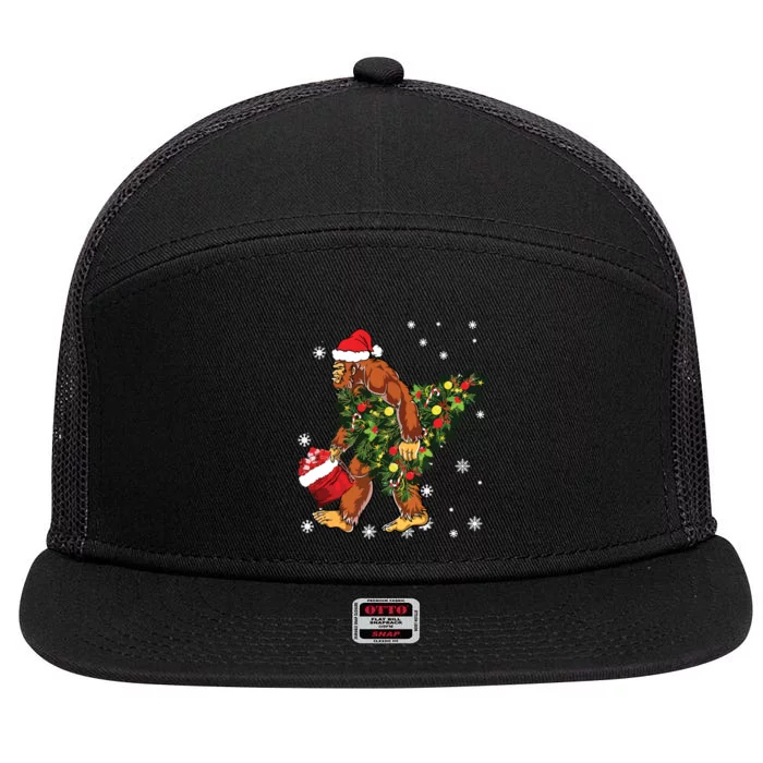 Bigfoot Carrying Christmas Tree Sasquatch Believer Pajama 7 Panel Mesh Trucker Snapback Hat