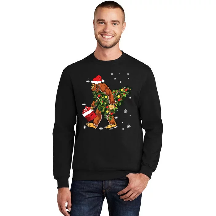 Bigfoot Carrying Christmas Tree Sasquatch Believer Pajama Tall Sweatshirt