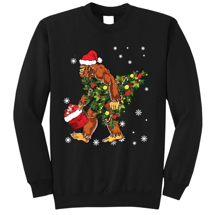 Bigfoot Carrying Christmas Tree Sasquatch Believer Pajama Tall Sweatshirt