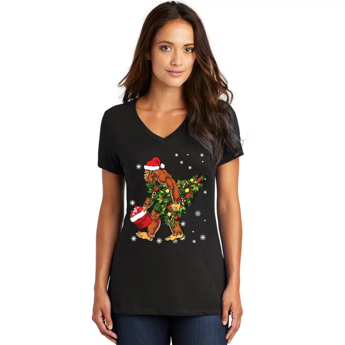 Bigfoot Carrying Christmas Tree Sasquatch Believer Pajama Women's V-Neck T-Shirt