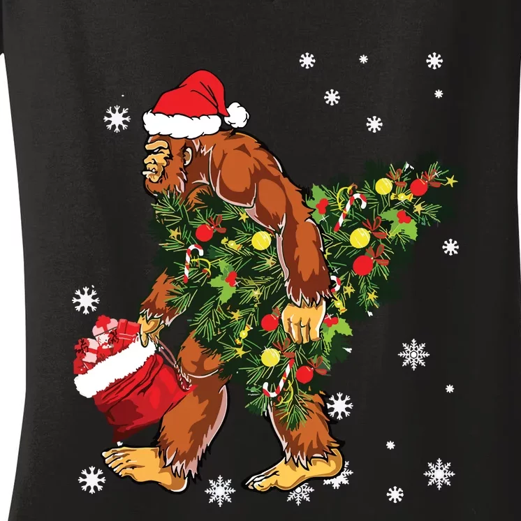 Bigfoot Carrying Christmas Tree Sasquatch Believer Pajama Women's V-Neck T-Shirt