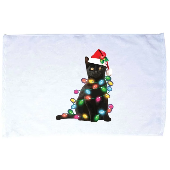 Black Cat Christmas Light Funny Cat Lover Christmas Microfiber Hand Towel