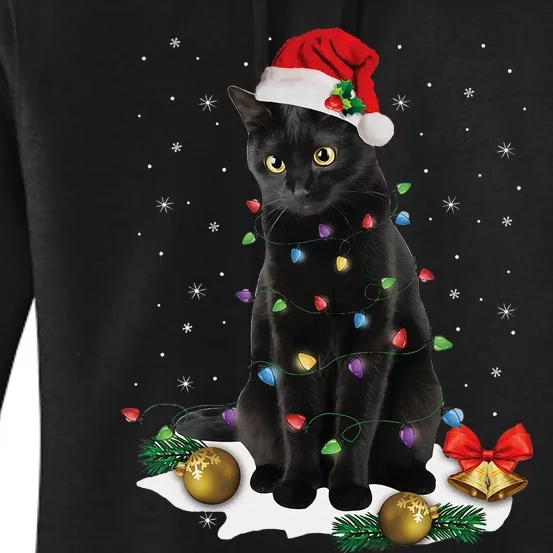 Black Cat Christmas Lights Santa Funny Cat Dad Mom Xmas Women's Pullover Hoodie