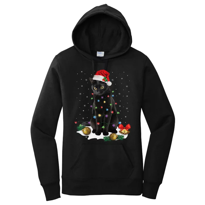 Black Cat Christmas Lights Santa Funny Cat Dad Mom Xmas Women's Pullover Hoodie