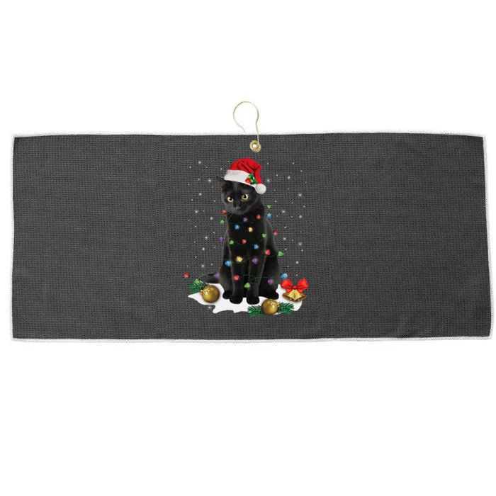 Black Cat Christmas Lights Santa Funny Cat Dad Mom Xmas Large Microfiber Waffle Golf Towel