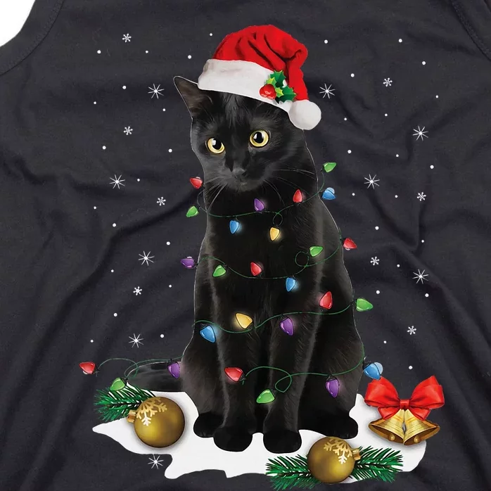 Black Cat Christmas Lights Santa Funny Cat Dad Mom Xmas Tank Top