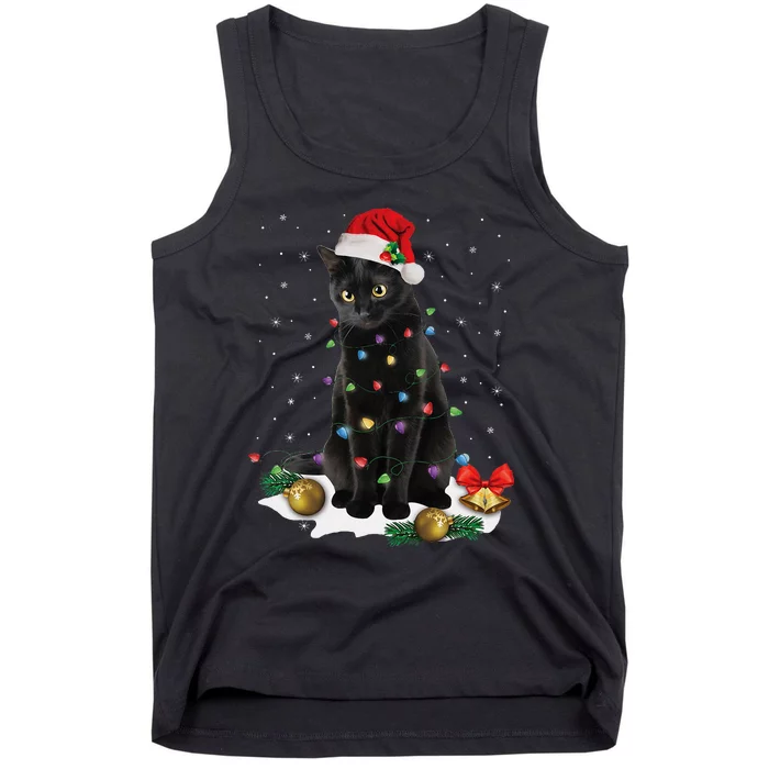 Black Cat Christmas Lights Santa Funny Cat Dad Mom Xmas Tank Top