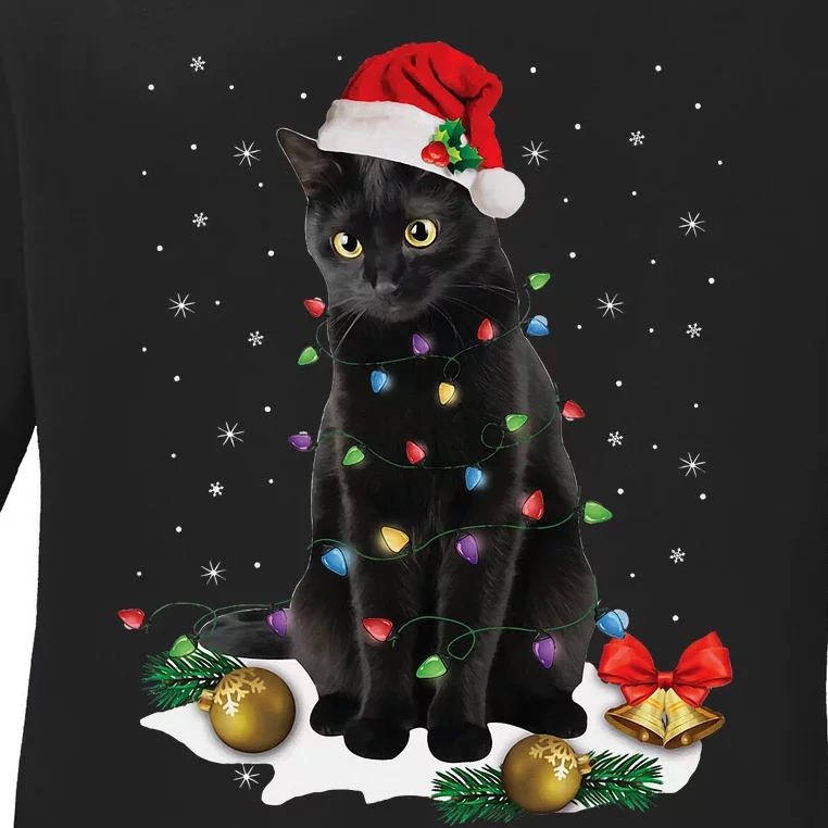 Black Cat Christmas Lights Santa Funny Cat Dad Mom Xmas Ladies Long Sleeve Shirt