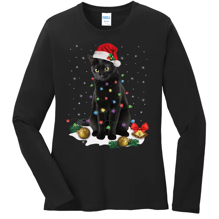 Black Cat Christmas Lights Santa Funny Cat Dad Mom Xmas Ladies Long Sleeve Shirt