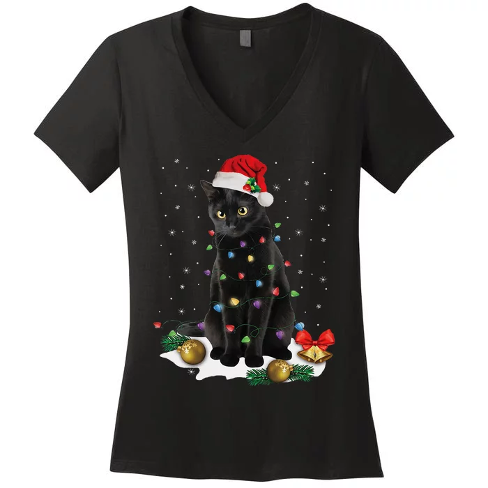 Black Cat Christmas Lights Santa Funny Cat Dad Mom Xmas Women's V-Neck T-Shirt