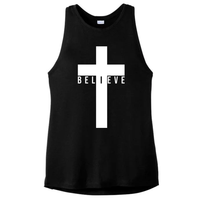 Believe Christian Cross Religious Ladies Tri-Blend Wicking Tank