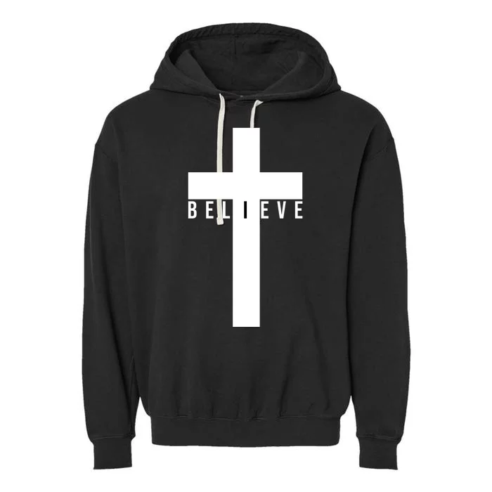 Believe Christian Cross Religious Garment-Dyed Fleece Hoodie