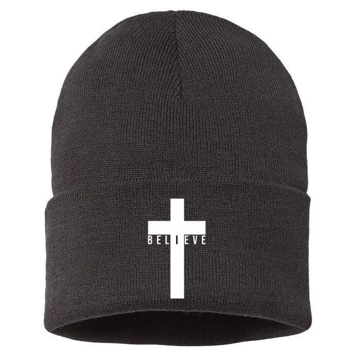 Believe Christian Cross Religious Sustainable Knit Beanie