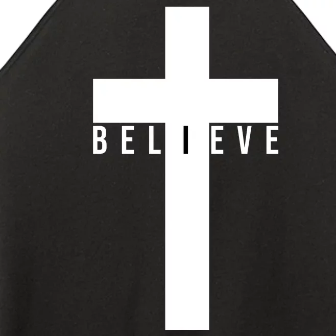 Believe Christian Cross Religious Women’s Perfect Tri Rocker Tank