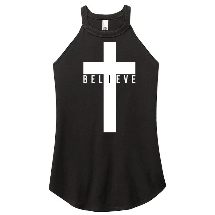 Believe Christian Cross Religious Women’s Perfect Tri Rocker Tank