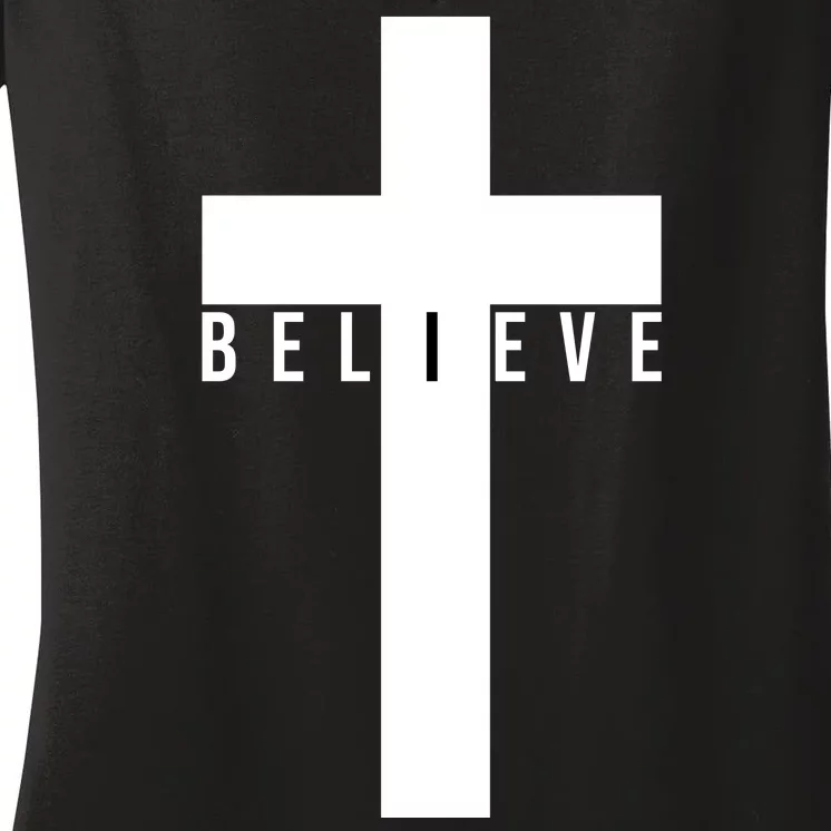 Believe Christian Cross Religious Women's V-Neck T-Shirt