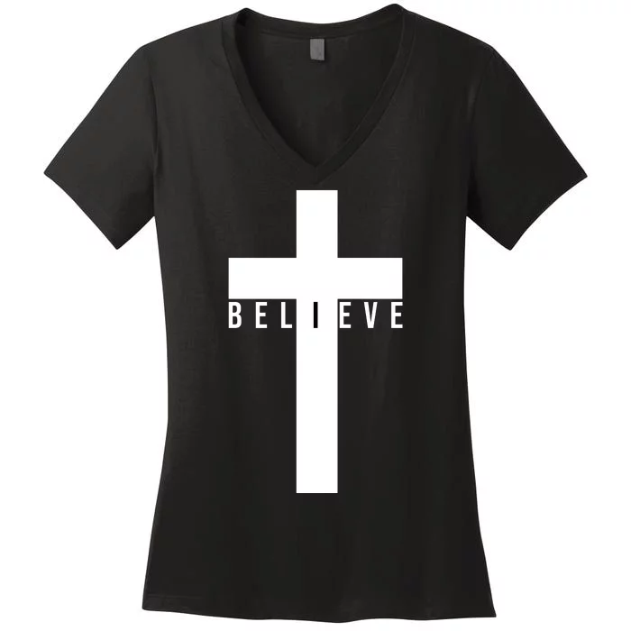 Believe Christian Cross Religious Women's V-Neck T-Shirt