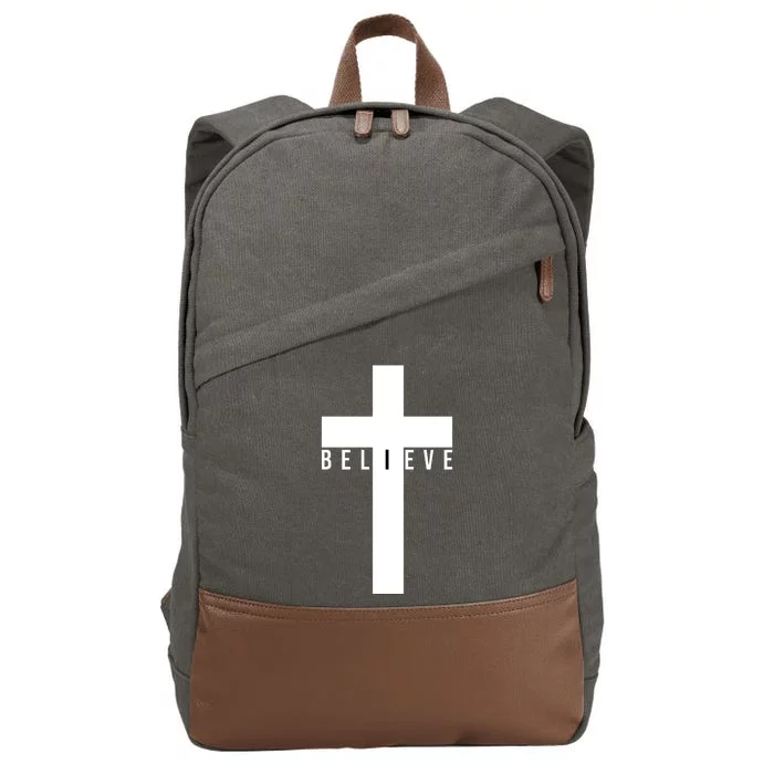 Believe Christian Cross Religious Cotton Canvas Backpack