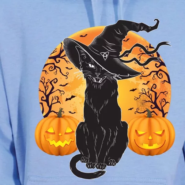 Black Cat Costume Scary Halloween Witch Hat And Moon Gift Unisex Surf Hoodie