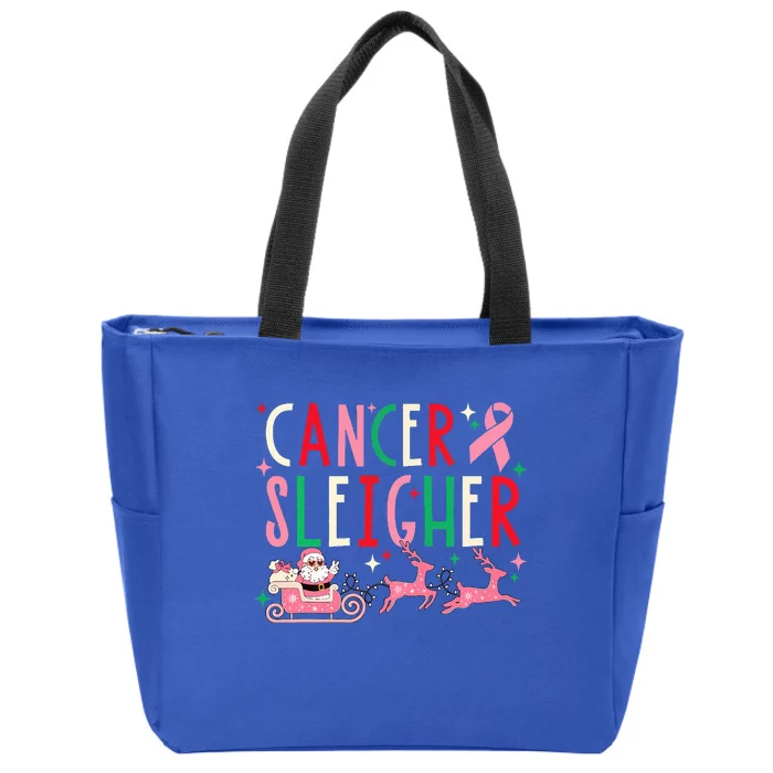 Breast Cancer Christmas Pink Ribbon Santa Sleigh Reindeer Zip Tote Bag