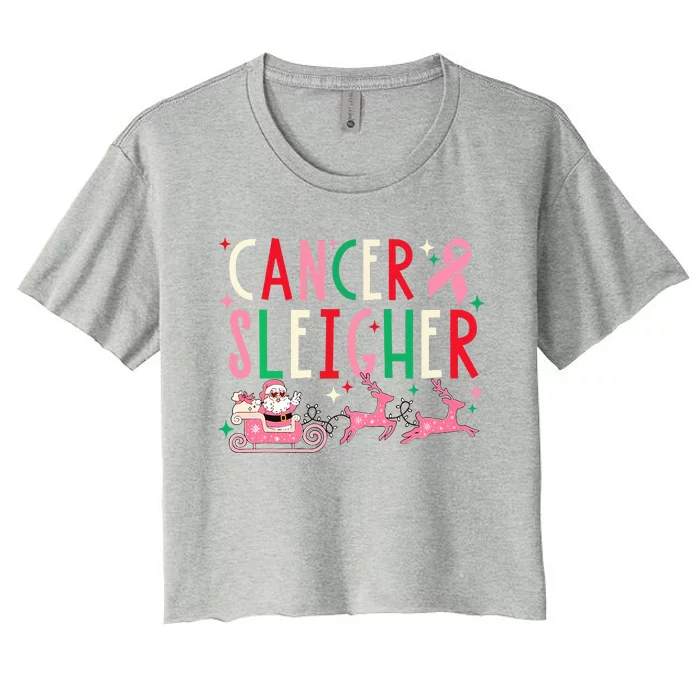 Breast Cancer Christmas Pink Ribbon Santa Sleigh Reindeer Women's Crop Top Tee