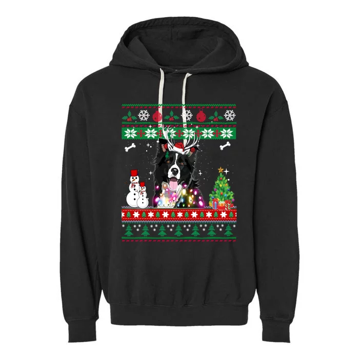 Border Collie Christmas Lights Funny Xmas Dog Gift Garment-Dyed Fleece Hoodie