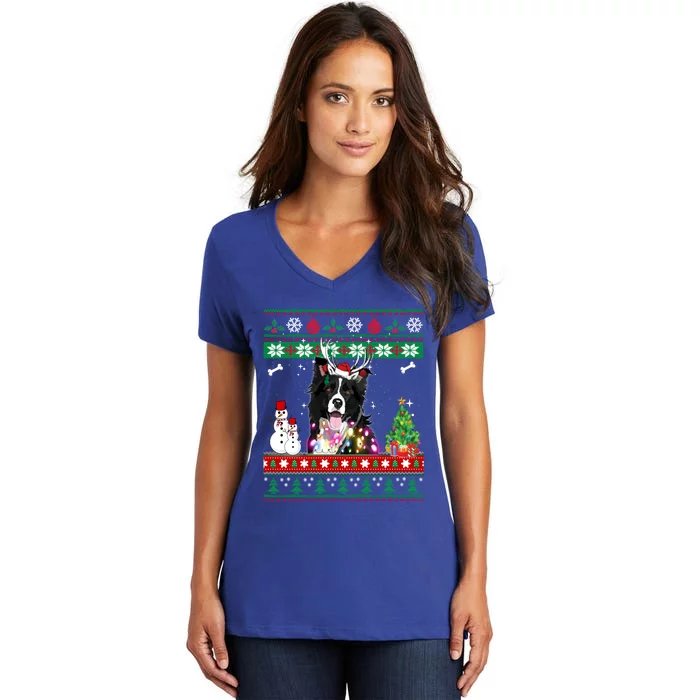 Border Collie Christmas Lights Funny Xmas Dog Gift Women's V-Neck T-Shirt