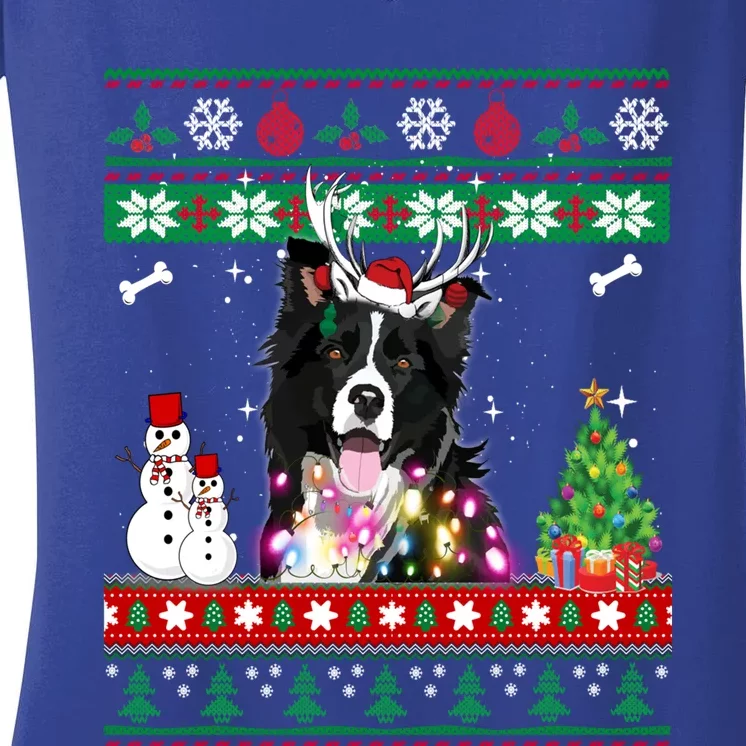 Border Collie Christmas Lights Funny Xmas Dog Gift Women's V-Neck T-Shirt