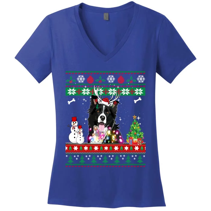 Border Collie Christmas Lights Funny Xmas Dog Gift Women's V-Neck T-Shirt