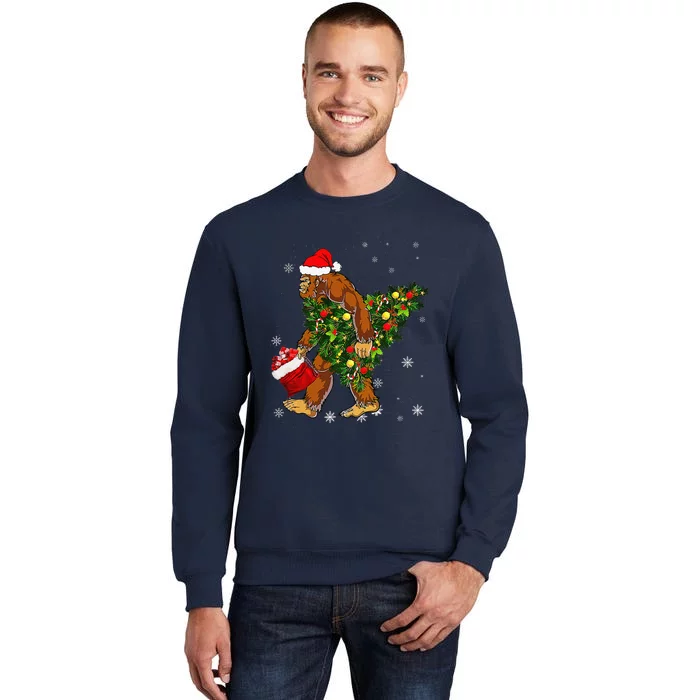 Bigfoot Carrying Christmas Tree Sasquatch Believer Pajama Tall Sweatshirt