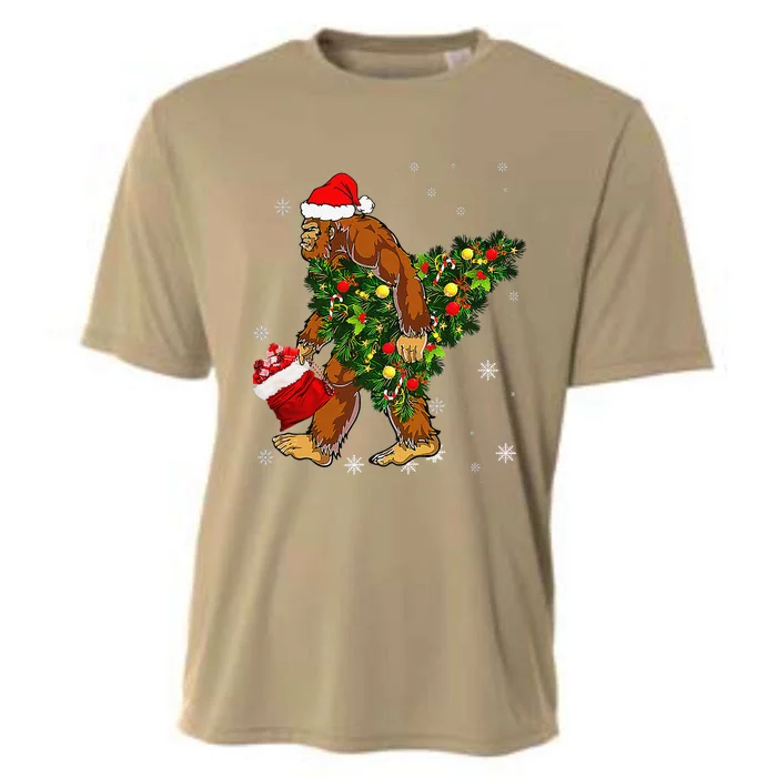 Bigfoot Carrying Christmas Tree Sasquatch Believer Pajama Cooling Performance Crew T-Shirt