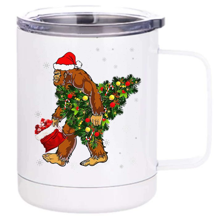 Bigfoot Carrying Christmas Tree Sasquatch Believer Pajama Front & Back 12oz Stainless Steel Tumbler Cup