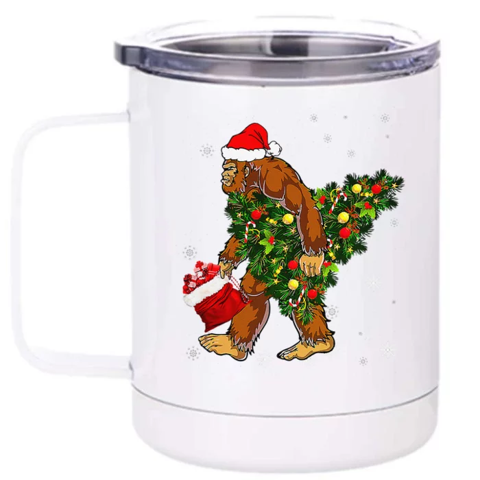 Bigfoot Carrying Christmas Tree Sasquatch Believer Pajama Front & Back 12oz Stainless Steel Tumbler Cup