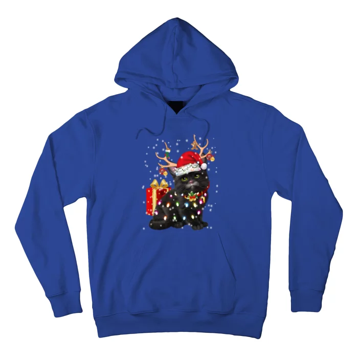 Black Cat Christmas Light Deer Santa Hat Funny Great Gift Hoodie