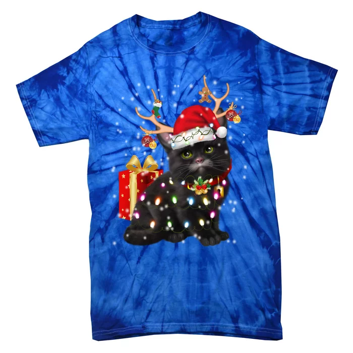 Black Cat Christmas Light Deer Santa Hat Funny Great Gift Tie-Dye T-Shirt