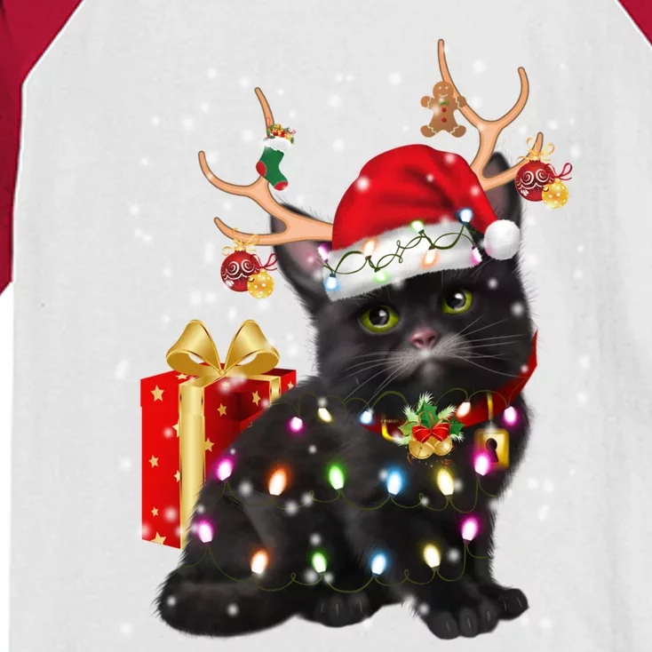 Black Cat Christmas Light Deer Santa Hat Funny Great Gift Kids Colorblock Raglan Jersey