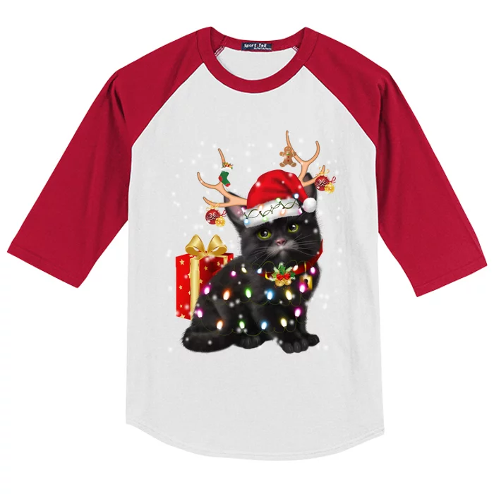 Black Cat Christmas Light Deer Santa Hat Funny Great Gift Kids Colorblock Raglan Jersey