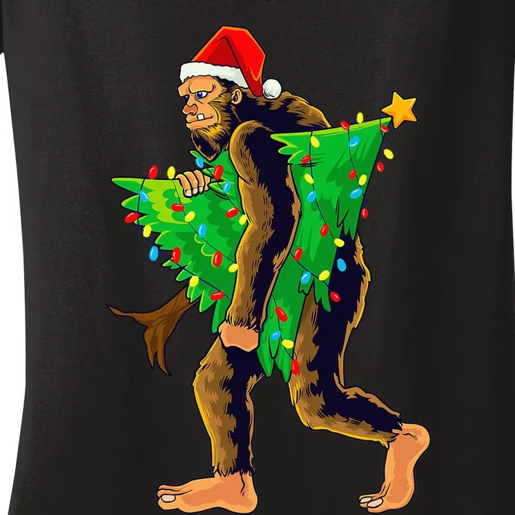 Bigfoot Carrying Christmas Tree Sasquatch Believer Pajama Women's V-Neck T-Shirt