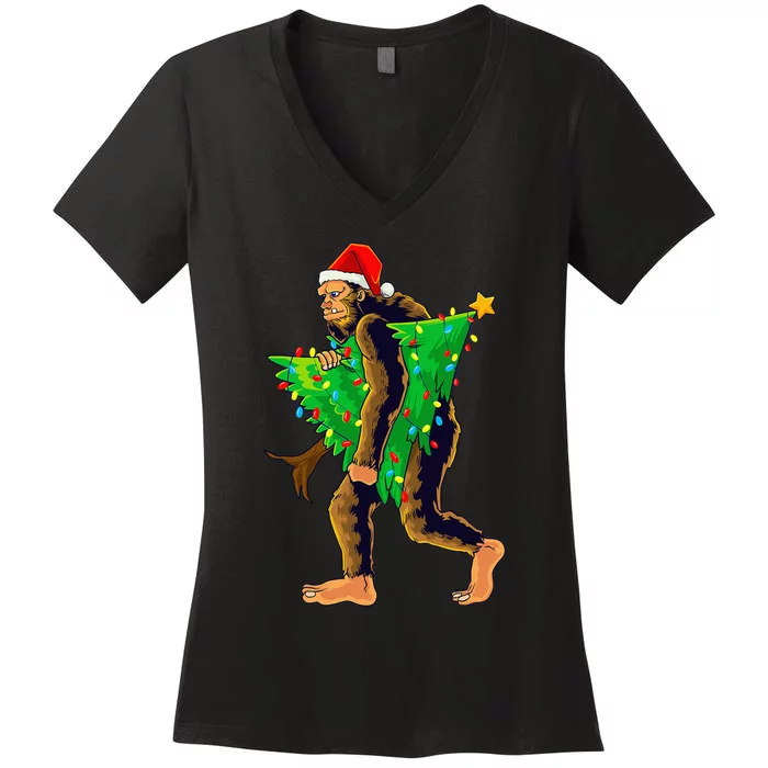 Bigfoot Carrying Christmas Tree Sasquatch Believer Pajama Women's V-Neck T-Shirt