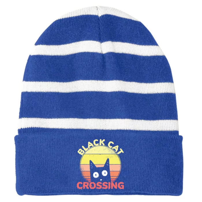 Black Cat Crossing Cute Cat Fan Halloween Gift Striped Beanie with Solid Band