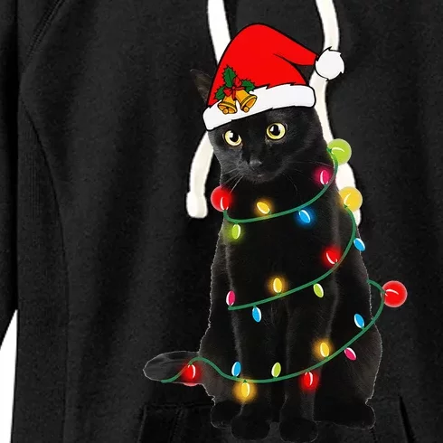 Black Cat Christmas Light Funny Cat Lover Xmas Cats Women's Fleece Hoodie