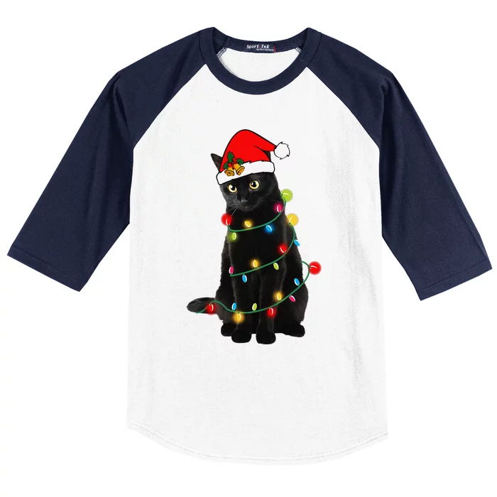 Black Cat Christmas Light Funny Cat Lover Xmas Cats Baseball Sleeve Shirt