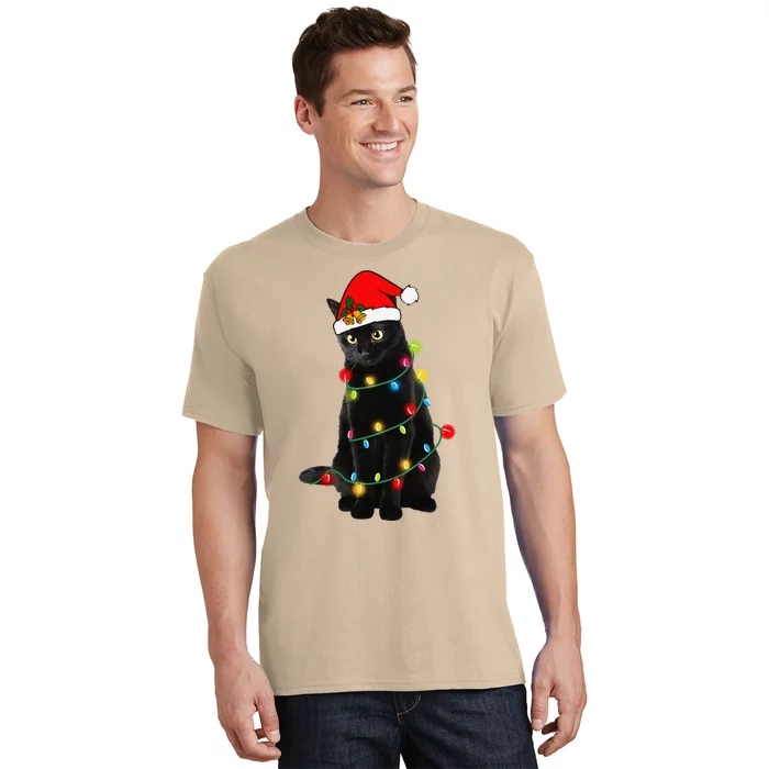 Black Cat Christmas Light Funny Cat Lover Xmas Cats T-Shirt