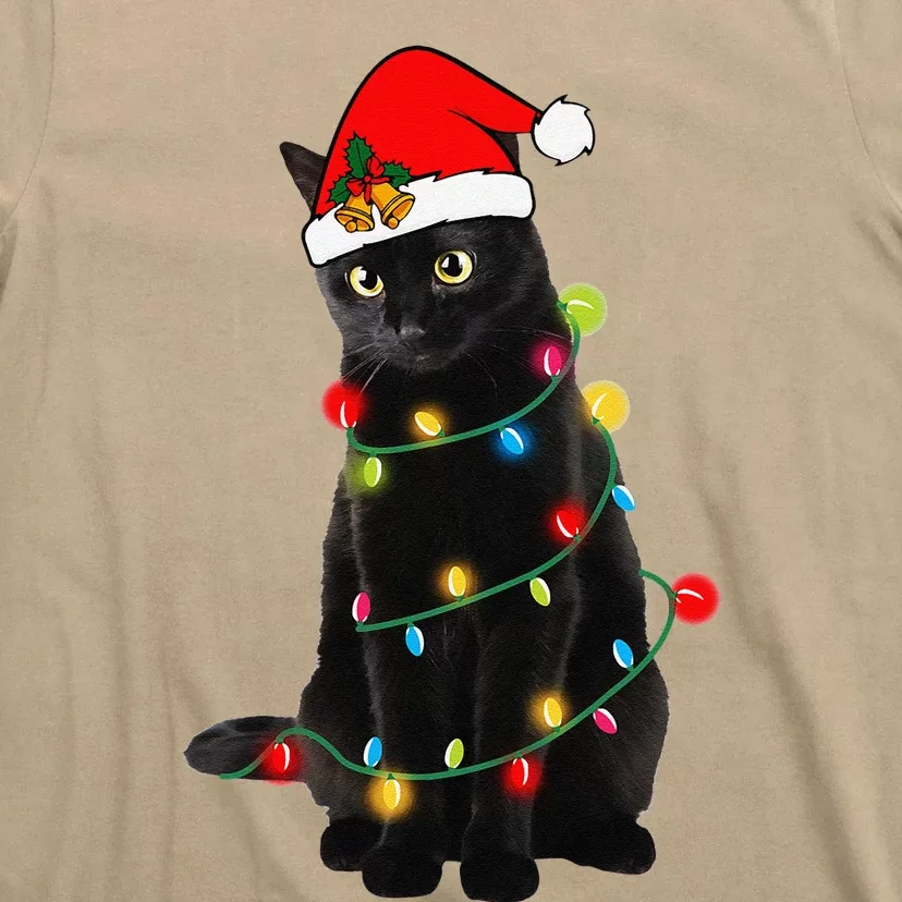 Black Cat Christmas Light Funny Cat Lover Xmas Cats T-Shirt