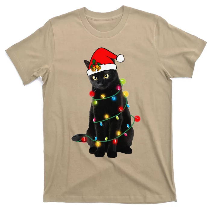 Black Cat Christmas Light Funny Cat Lover Xmas Cats T-Shirt