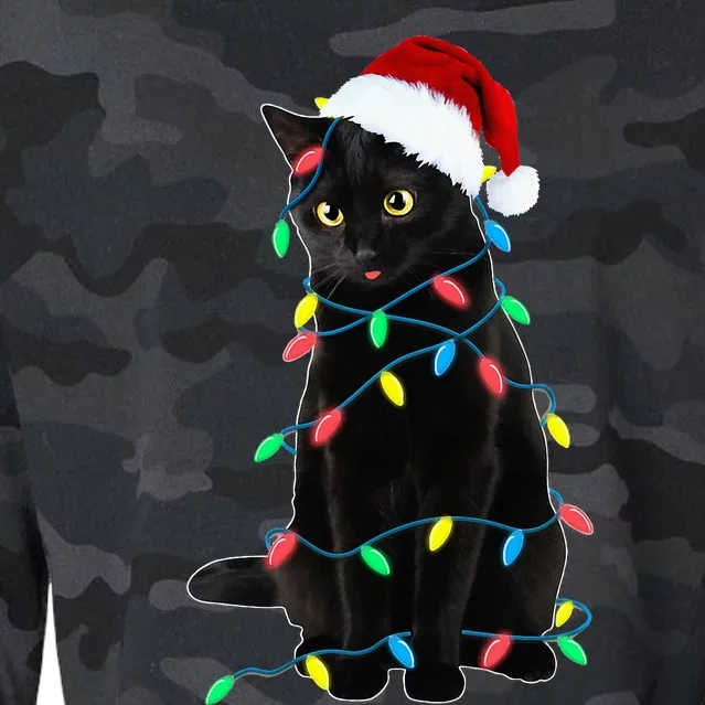 Black Cat Christmas Tree Lights Funny Santa Kitten Led Light Cropped Pullover Crew