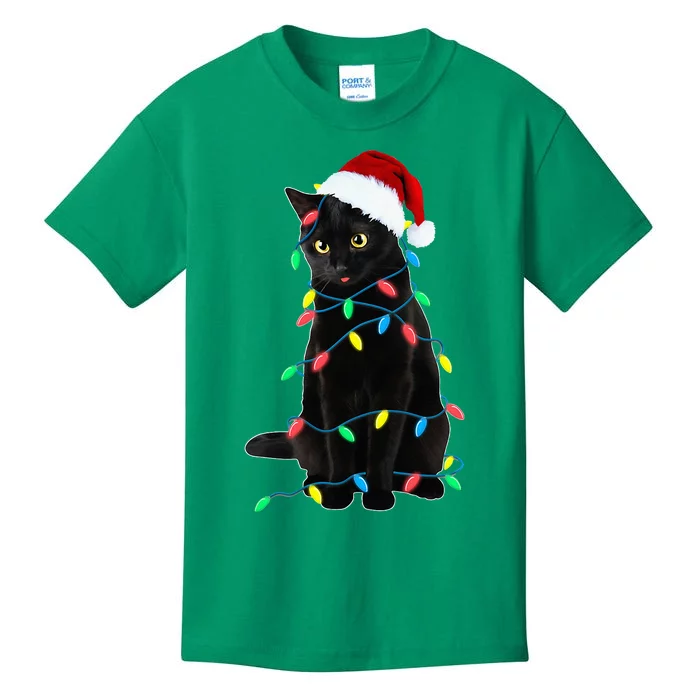 Black Cat Christmas Tree Lights Funny Santa Kitten Led Light Kids T-Shirt