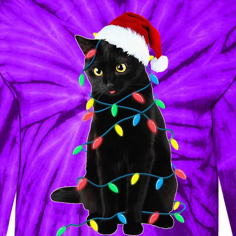 Black Cat Christmas Tree Lights Funny Santa Kitten Led Light Tie-Dye Long Sleeve Shirt