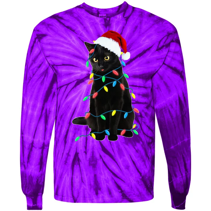 Black Cat Christmas Tree Lights Funny Santa Kitten Led Light Tie-Dye Long Sleeve Shirt